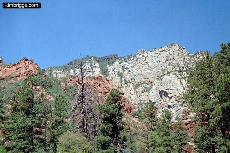 Arizona hills with red and white rocks and green trees.