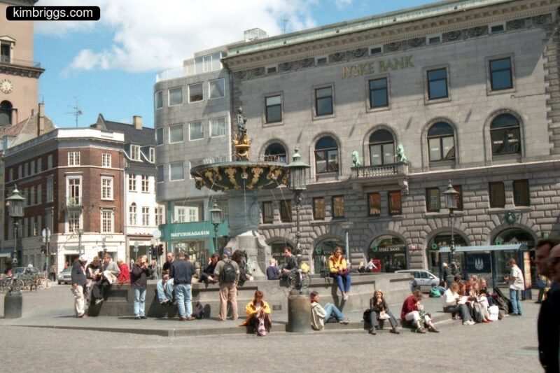 Copenhagen city square with fountain.