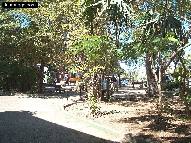 Benches in the shade in downtown Cruz Bay.