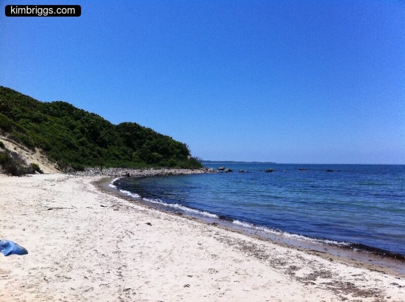 Sandy beach, green hill, calm ocean