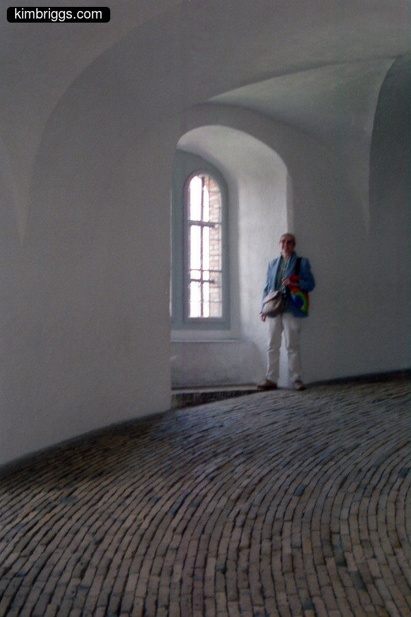 Woman on cobblestone floor in front of arched window.