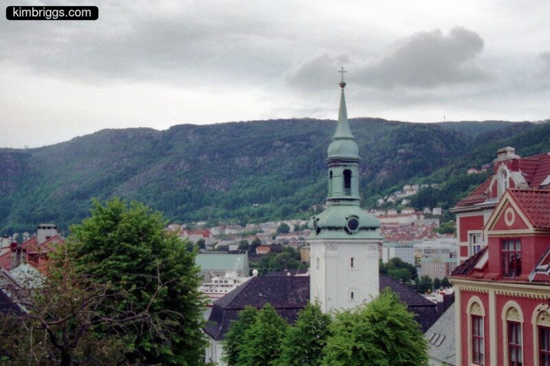 Aged copper steeple on Bergen church.