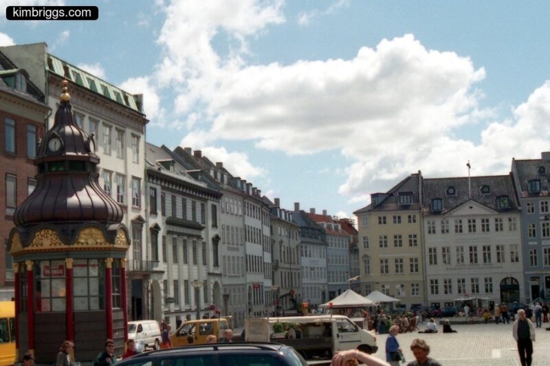 Pedestrian courtyard with European architecture.