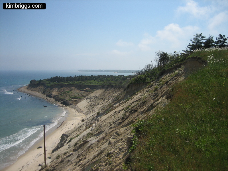 Sandy and grassy cliff near seashore.