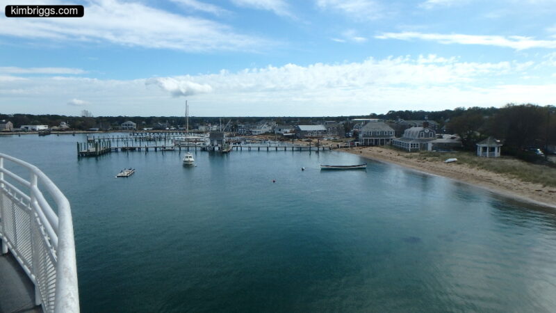 Wooden pier on New England shore.