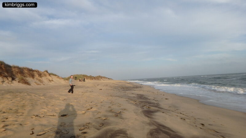 Woman walking on empty beach.