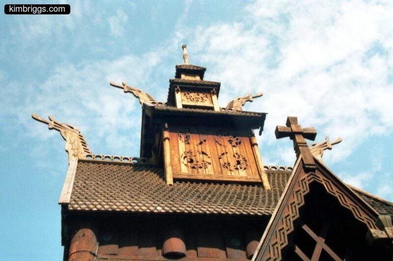 Carvings on wooden stave church.