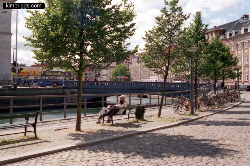 Copenhagen canal and large bike rack.