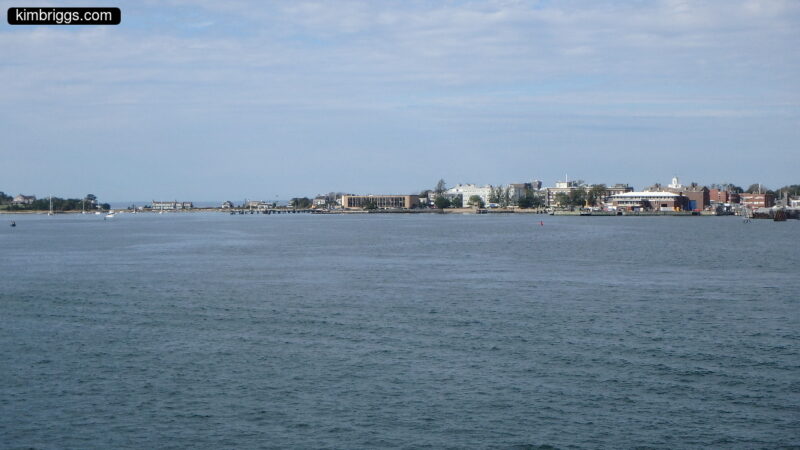 Buildings along shoreline.