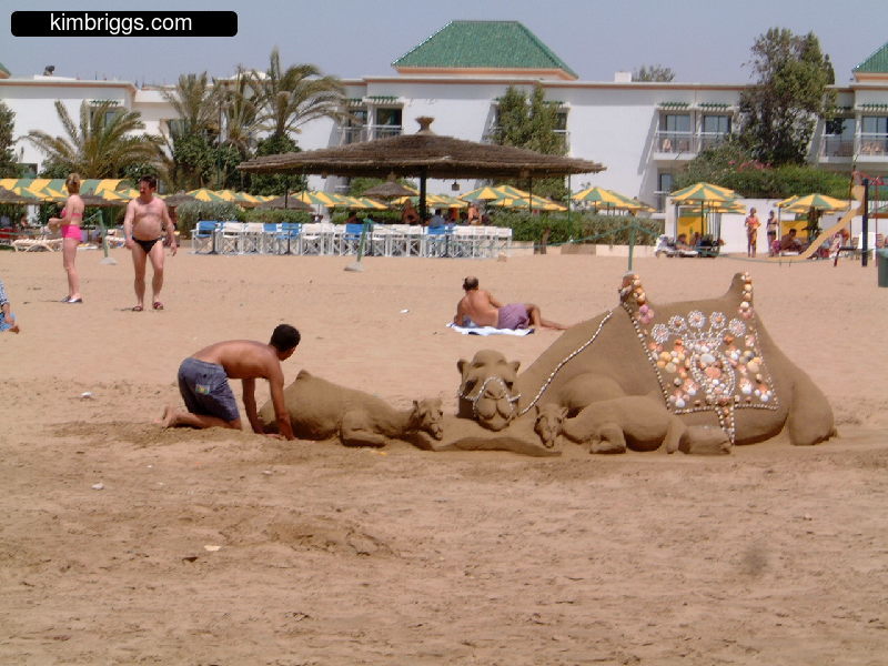 Young boy making a camel sand sculpture.