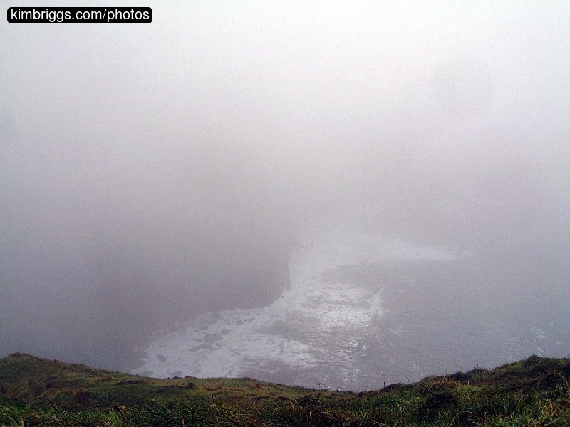 View from cliff of seashore pea-soup fog.