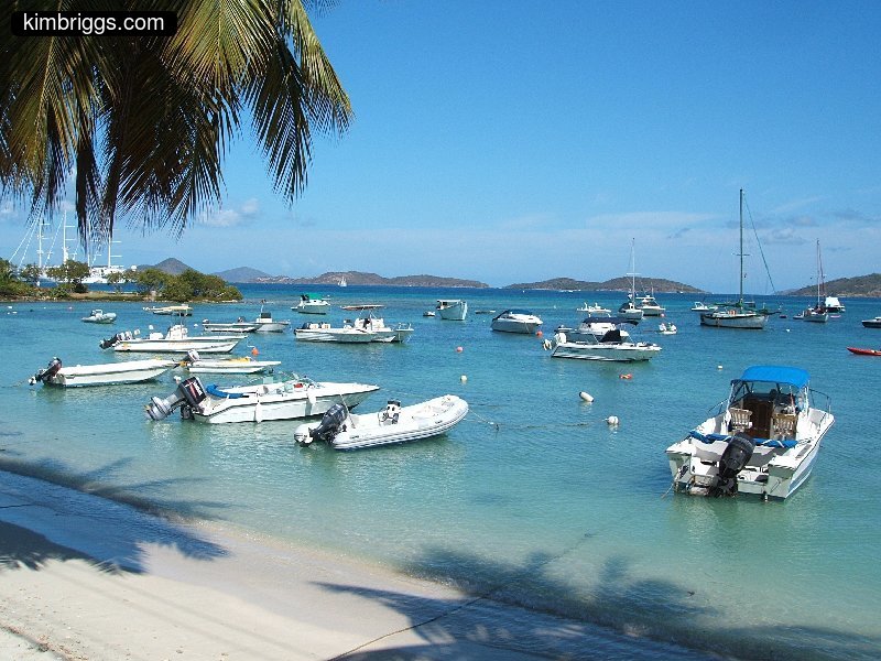 Small motor boats moored in Cruz Bay harbor.
