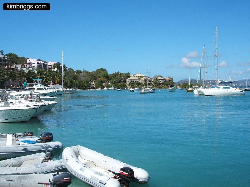 Cruz Bay harbor with small boats and condos.