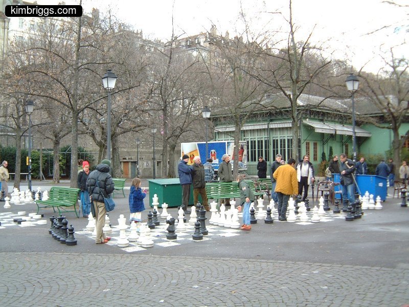 Knee-high chess set in a park.