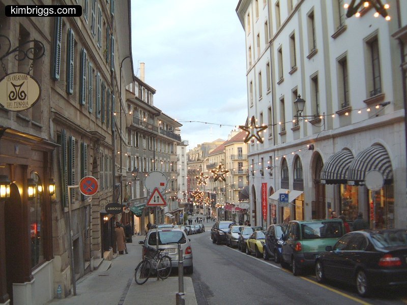 Geneva street with holiday decorations.