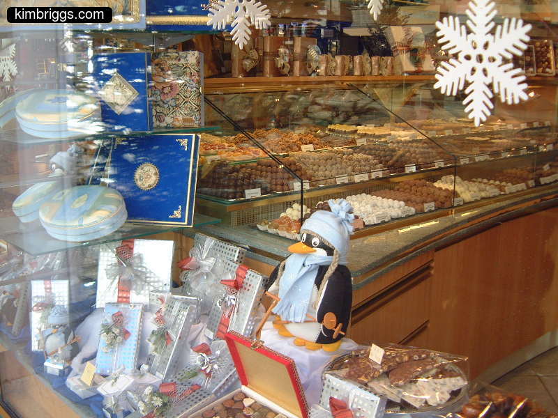 Candy display in Swiss chocolate shop.