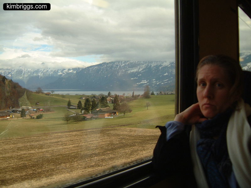Woman on train in Switzerland with view of countryside.