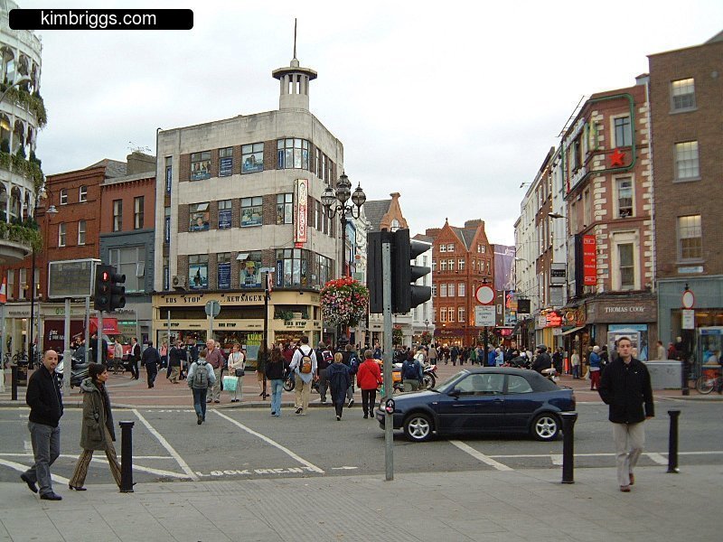 European small city downtown intersection.