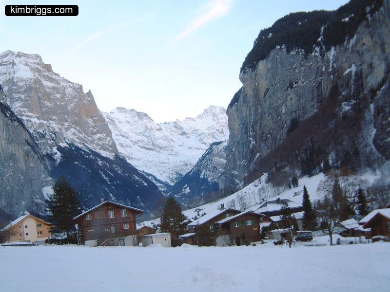 Swiss style homes in snow mountains.