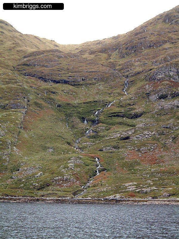 Water draining on green hill into harbor.