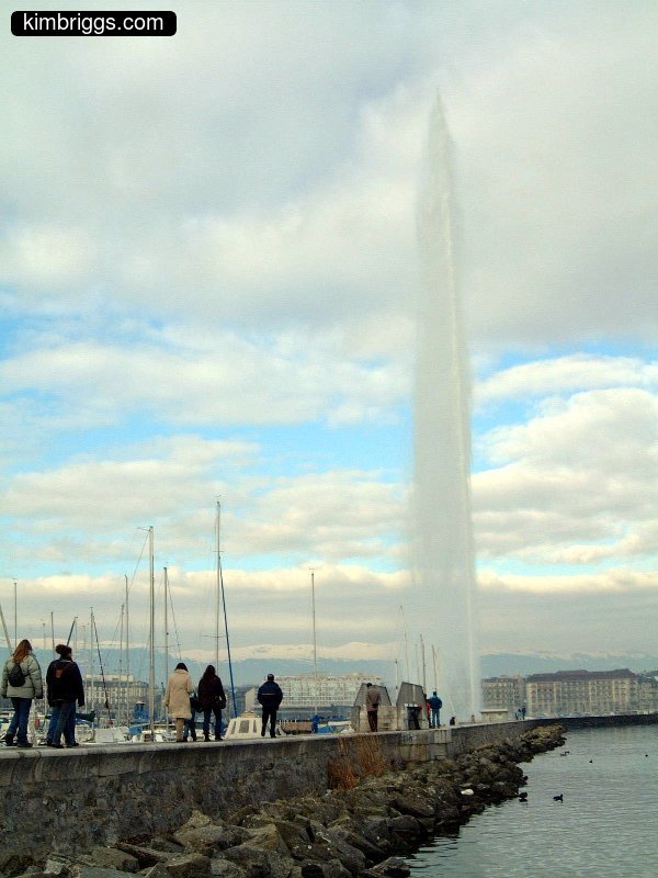 People on pier near the Jet D'Eau, Lake Geneva.