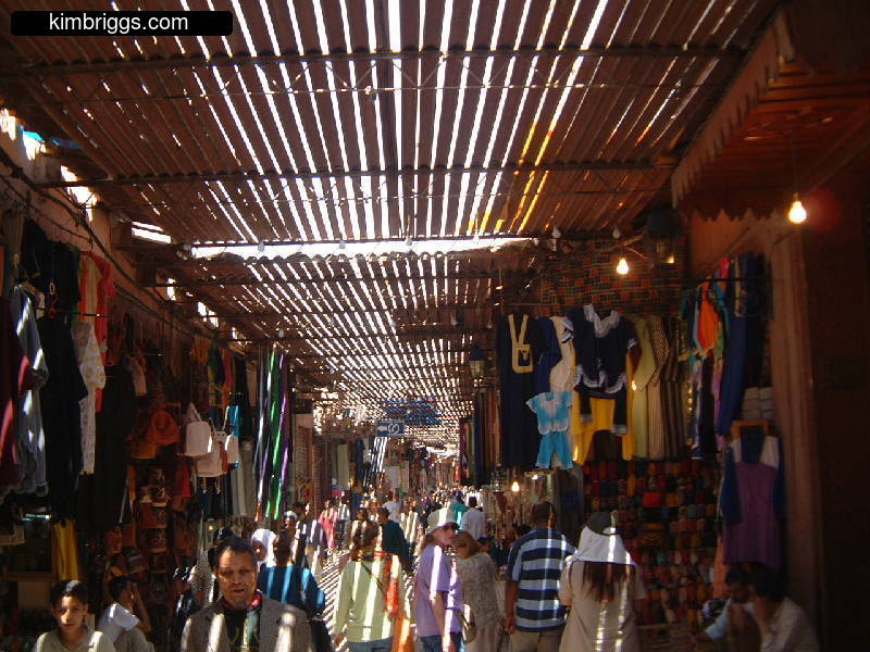 Marrakesh souk with slotted roof.