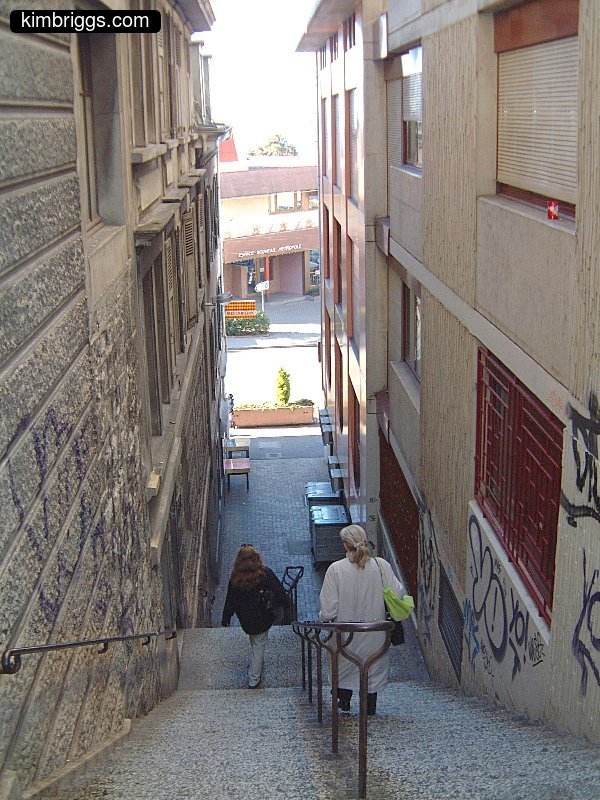 Women walking down narrow outdoor staircasae.