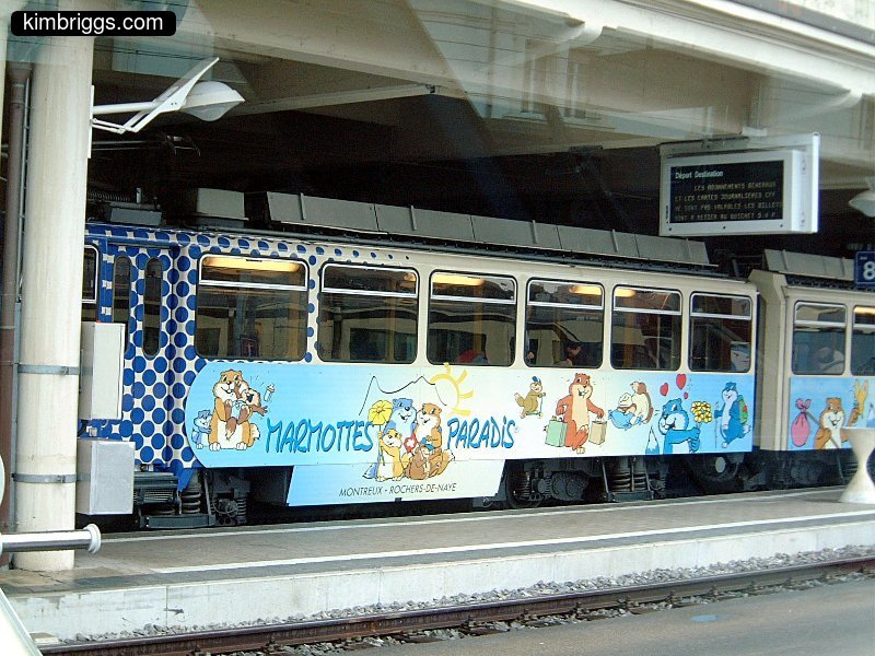 Colorful train in station.