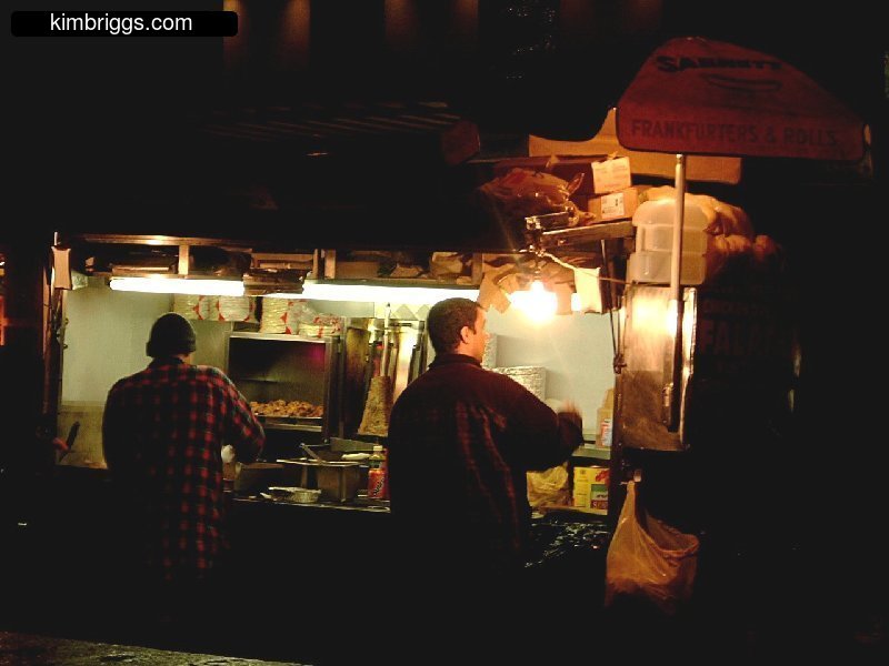 A mobile kabob cart at night.