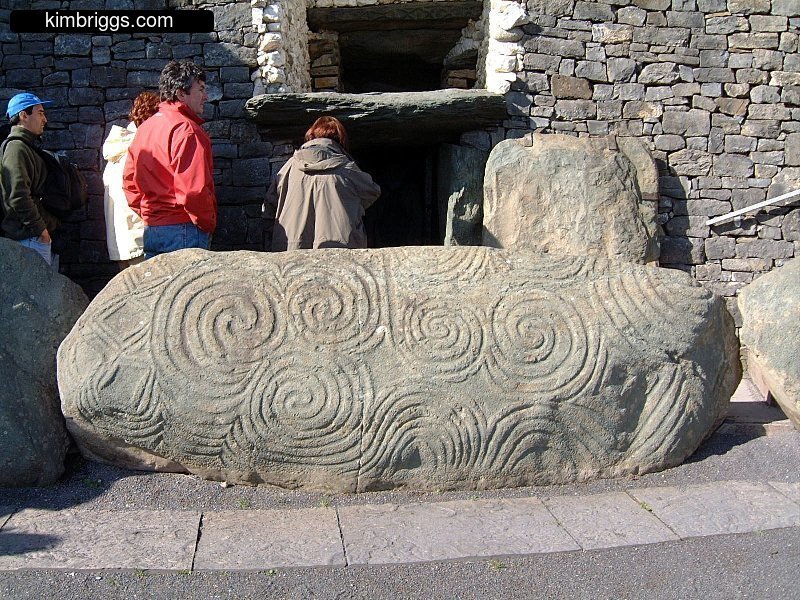 Irish stone with etched spirals.