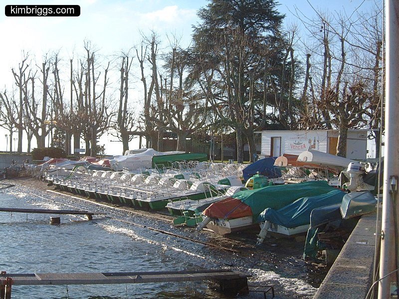 Boats lined up on the shore off-season.