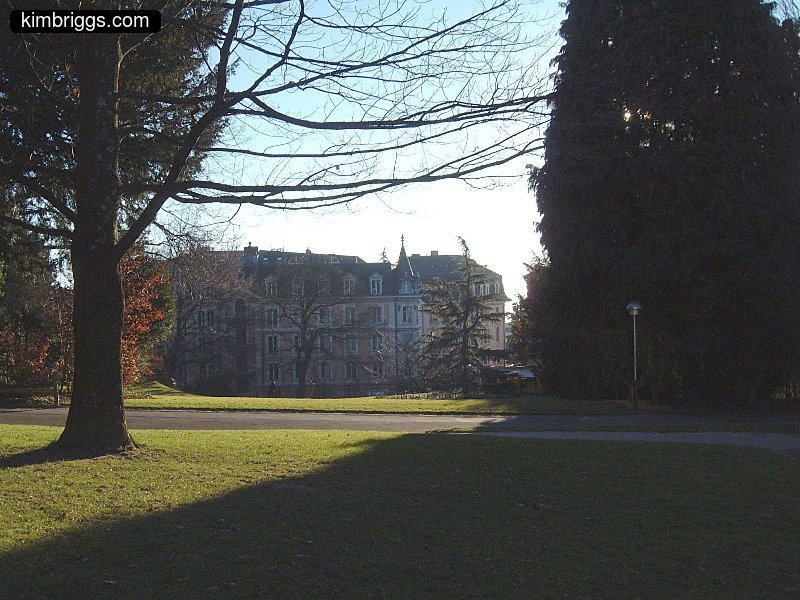 Large European building at edge of park.