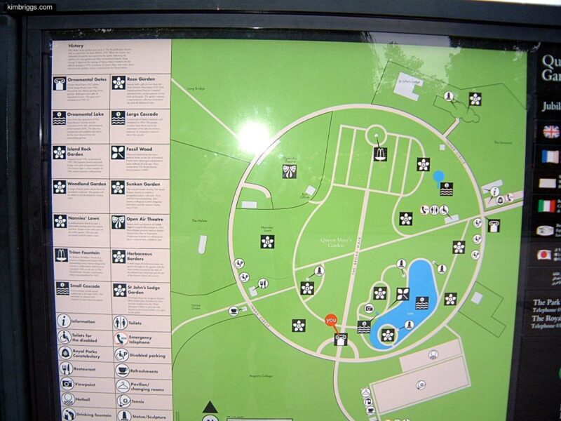 Sign of the map for Queen Mary's Garden in London.