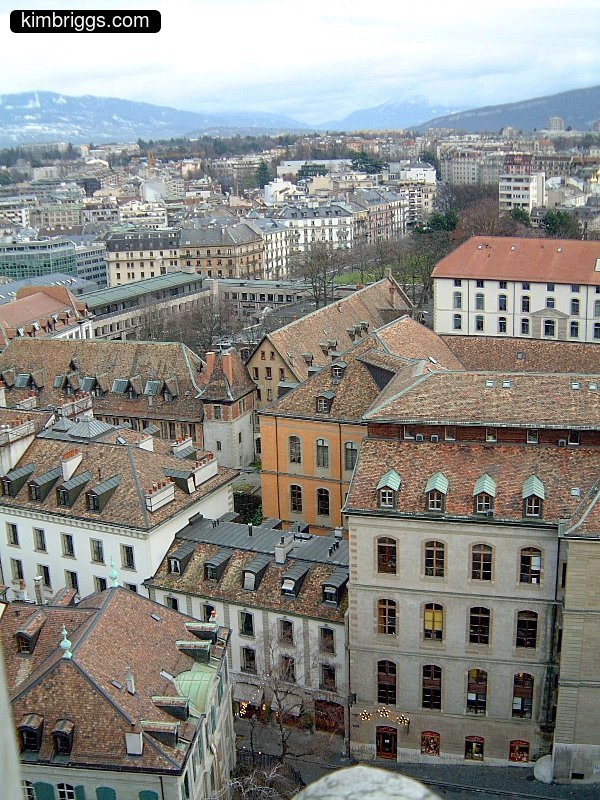 Looking down at traditional European cityscape.