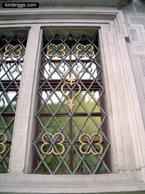 Decorative iron grate over window.