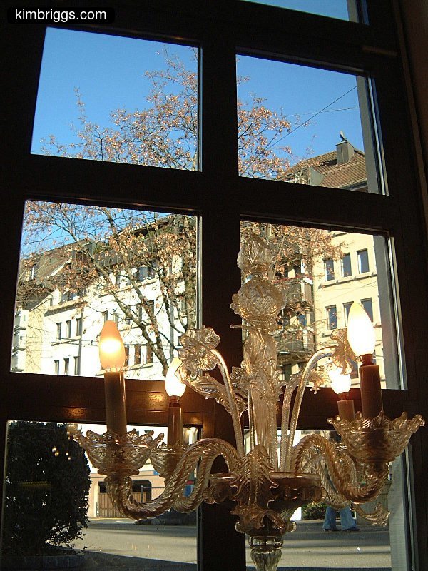 View from inside restaurant to town square.