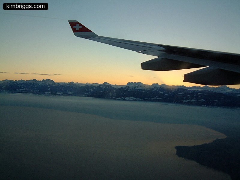Swiss Air wing over Swiss Alps.