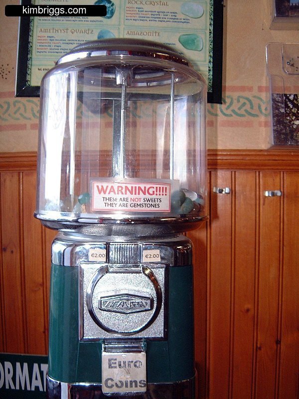 Gemstones dispensed in bubble-gum machine.